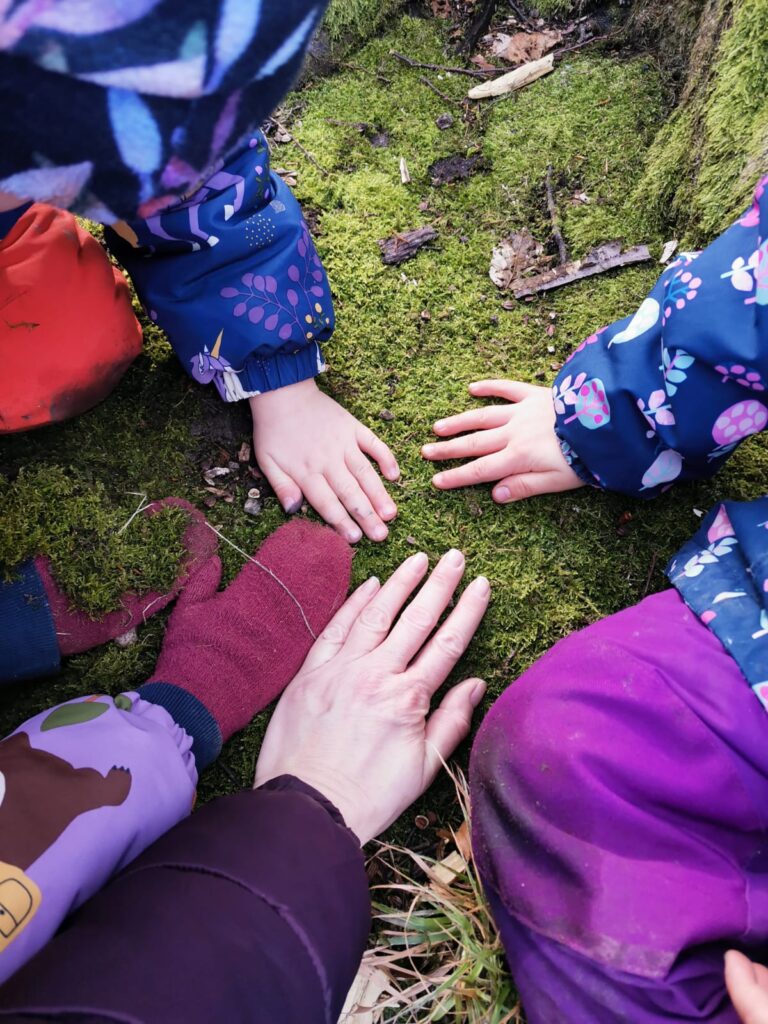 Kinderhände auf Moos im Wald